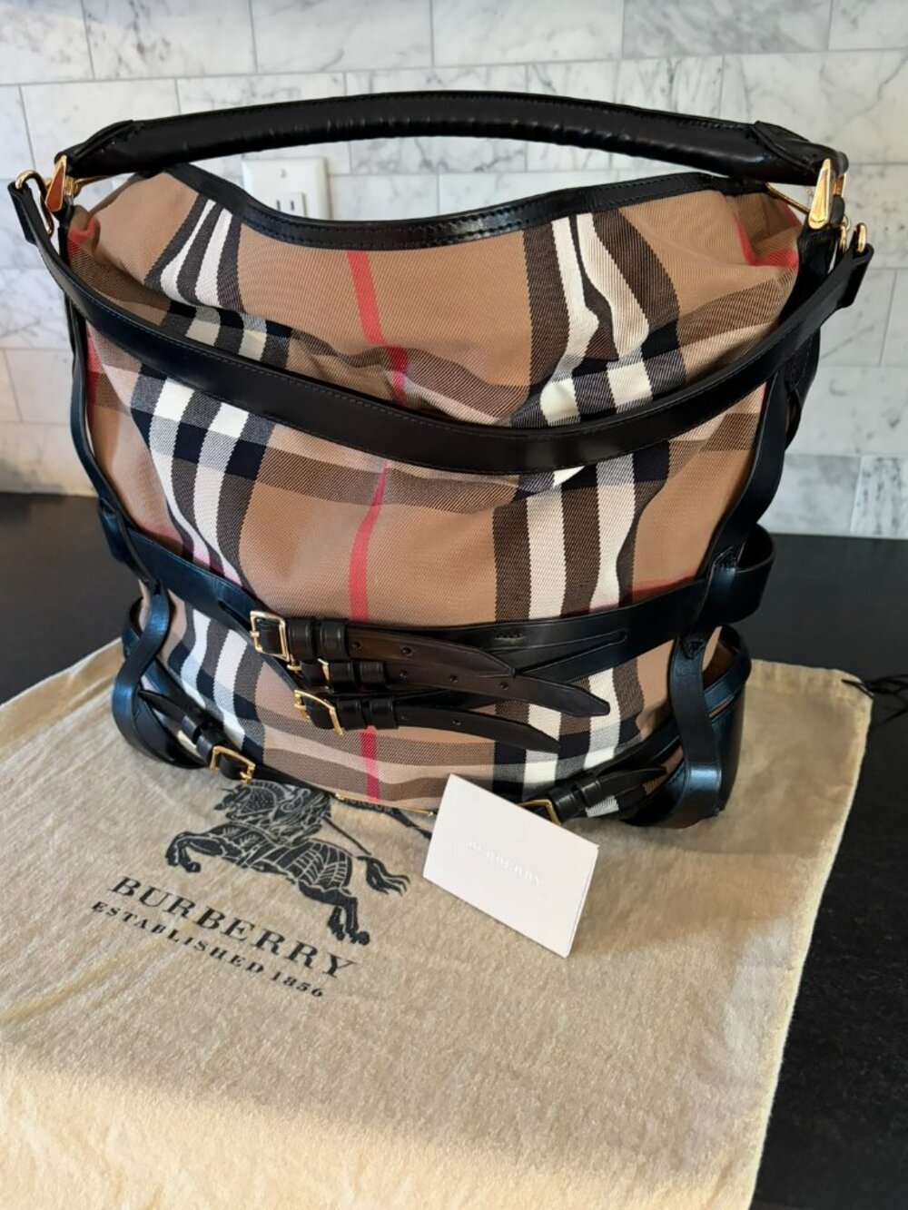 Authentic Burberry Bridle Whipstitch House Check Large Gosford Hobo Bag